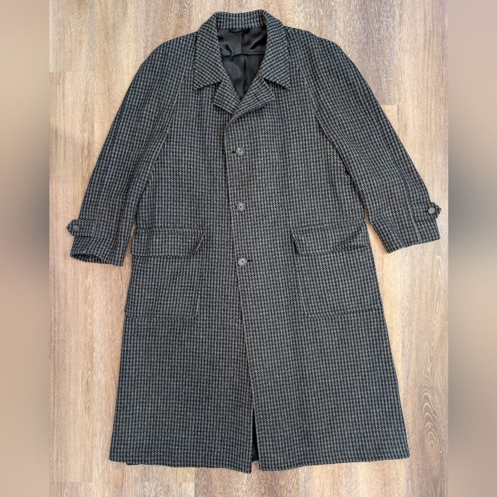 Vintage Christian Dior Monsieur Gray Black Wool Houndstooth Topcoat